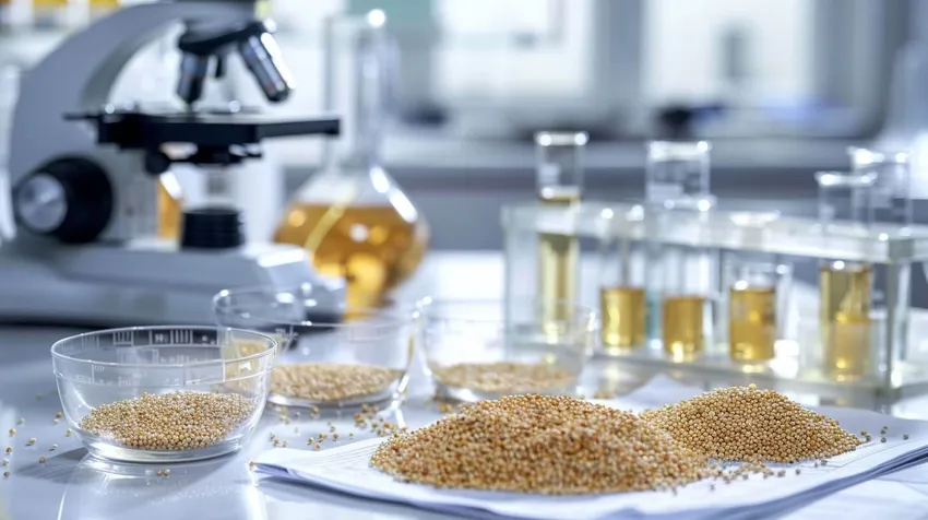 Quinoa Studien und wissenschaftliche Forschung Quinoa-Körner mit wissenschaftlichen Forschungsunterlagen und Laborausstattung